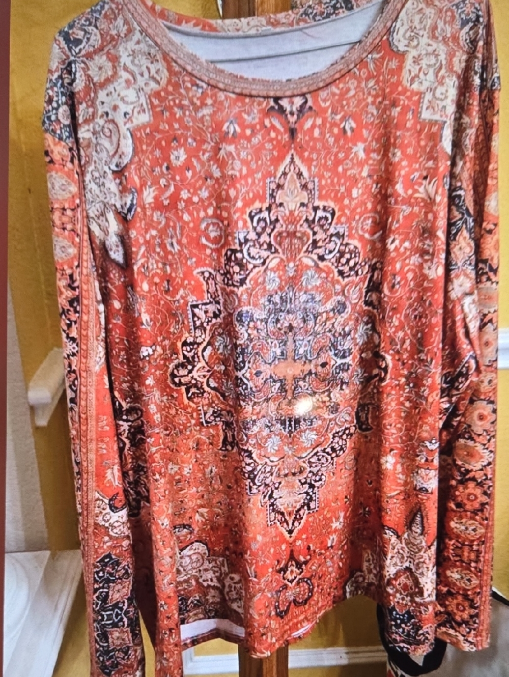 Women's Orange Paisley Long Sleeve Top